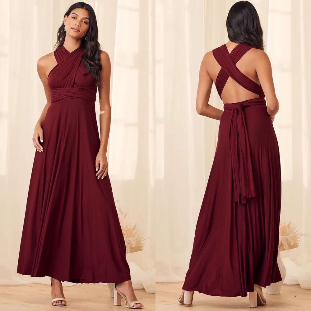 Lulus Convertible Maxi Dress Bugundy Tricks of Trade Size XS Bridesmaid Boho NWT - Picture 2 of 11